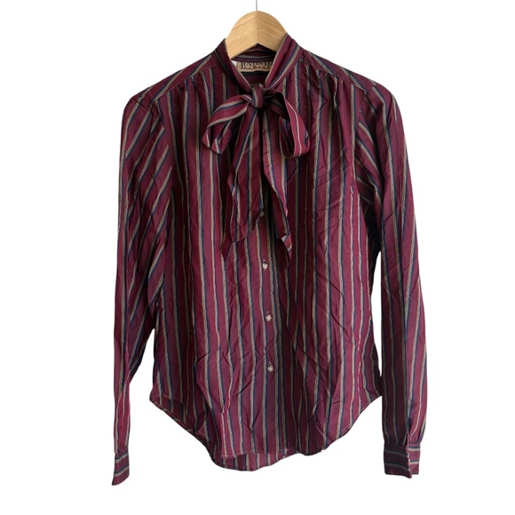 Vintage 80s Justin Lee Limited 100% Silk Bow Tie Blouse Burgundy Stripe Size 8 - Picture 1 of 8